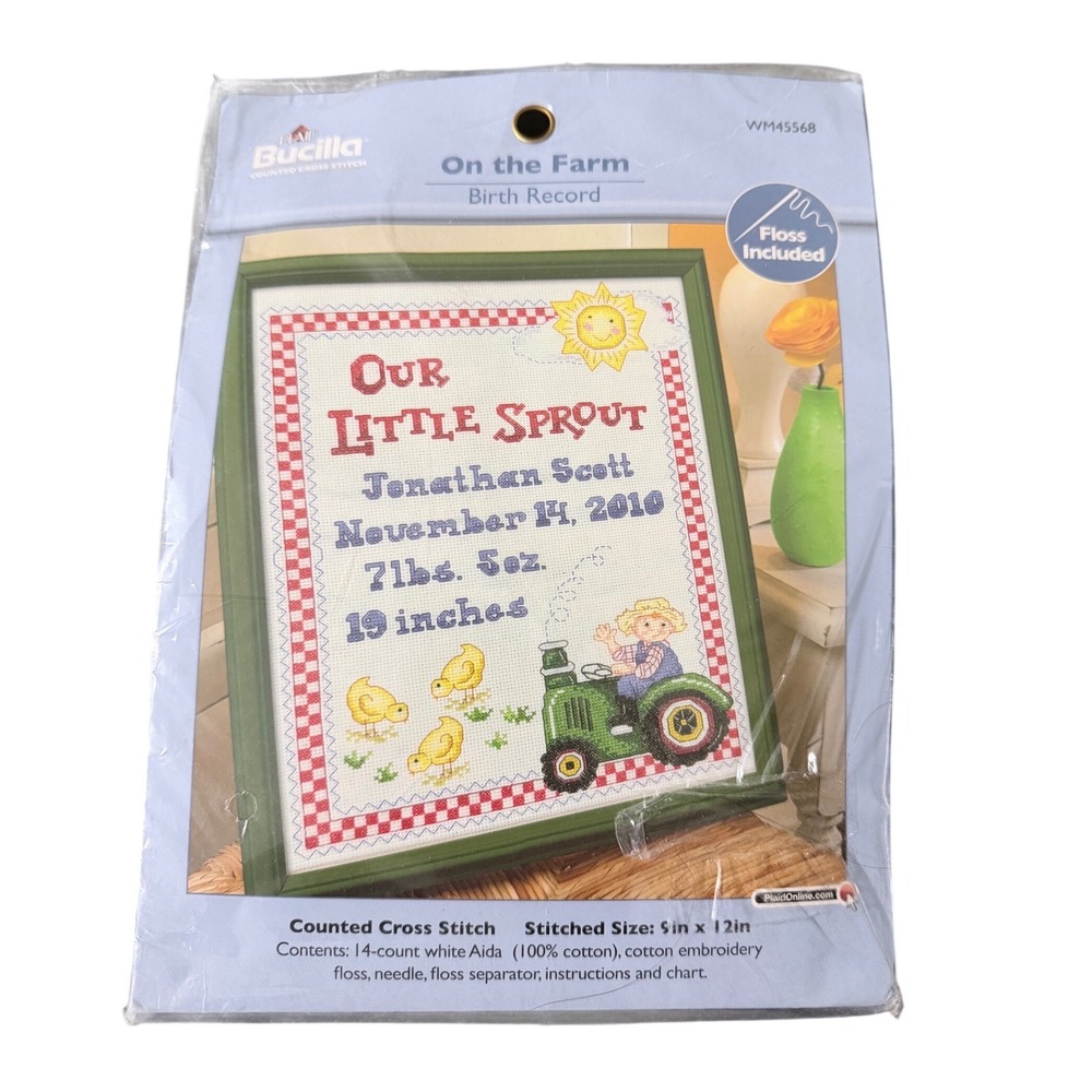 Bucilla‎ On the Farm Birth Record Counted Cross Stitch Kit WM45568 9x12 Tractor